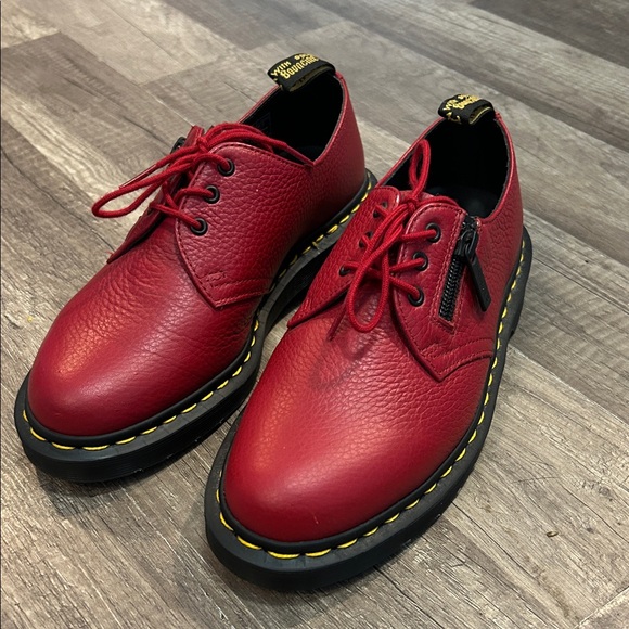 Dr. Martens Shoes - Dr. Martens Women's Red Leather Lace-Up Flats with Yellow Stitching